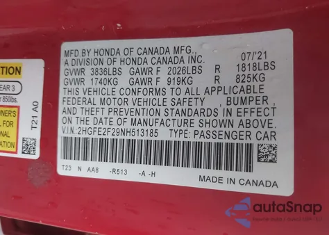 2022 Honda Civic Lx from USA, damaged, VIN 2HGFE2F29NH513185